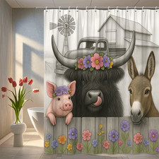 Cute Farmhouse Animal Shower Curtain with Floral Design
