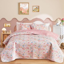 2 Pieces Cotton Quilt Set for Girls, Twin Size Floral Pink Flowers Design, Co...