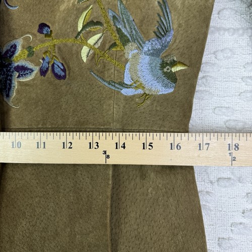 Abrigo para mujer Margaret Godfrey talla 6 gamuza cuero caqui floral pájaro bordado - Imagen 19 de 22