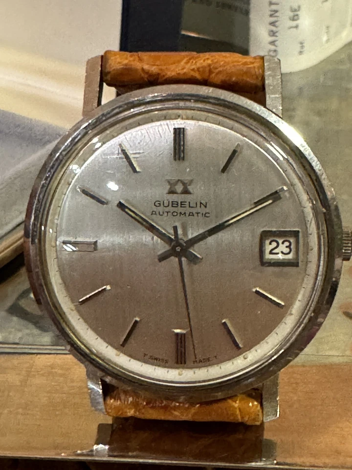 GÜBELIN 1967 “Double HourGlass Edition” 37 mm fecha automática reloj caja/papel! Foto 4 de 4