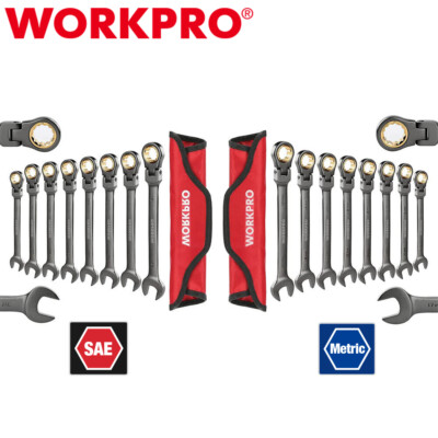 #ad WORKPRO 8 pieces 16 piece Flex Head Ratcheting Combination Wrench Set Metric SAE $87.99