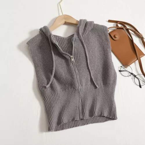 Women Knitted Waistcoat Gilet Zipper Crop Cardigan Hooded Vest Top Hooded Casual - Picture 8 of 19