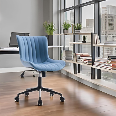 #ad Comfy Blue Armless Desk Chair with Wheels Ergonomic Modern Swivel Design $316.99