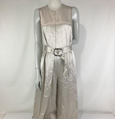 Zara Jumpsuit Beige Gold Size M 8 10 Wide Leg Belt Shimmery Cocktail Formal - Picture 2 of 14