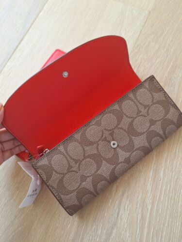 AUTHENTIC Coach Signature Canvas POP Slim Envelope Wallet KHAKI/Coral BNWT - Picture 3 of 7