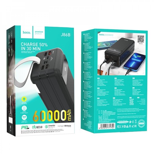Hoco J86B 60000mAh 22.5W Power Master Power Bank with LED Lamp - Black - 第 1/6 張圖片