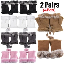 4PC Womens Winter Fingerless Gloves Faux Rabbit Fur Suede Wrist Solid Mitten