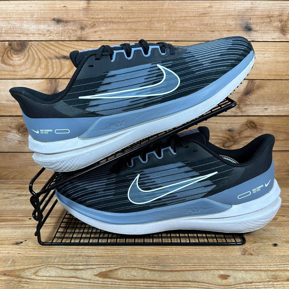 NIKE Winflo 9 Size UK 10 Mens Black Grey Knit Running Low Shoes
