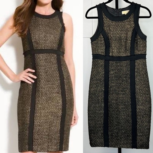 Vestido Lápiz Michael Kors Tweed Para Mujer 4 Negro Dorado Metálico Carrera Cóctel - Imagen 1 de 11