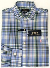 Polo Ralph Lauren Blue Green Plaid Classic Dress Shirt Long Sleeve Stretch 98