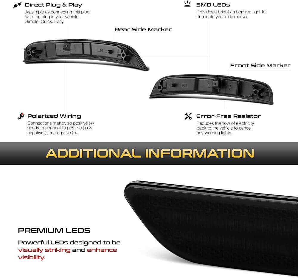 VANKUB Front & Rear LED Side Marker Lights for Chrysler 300