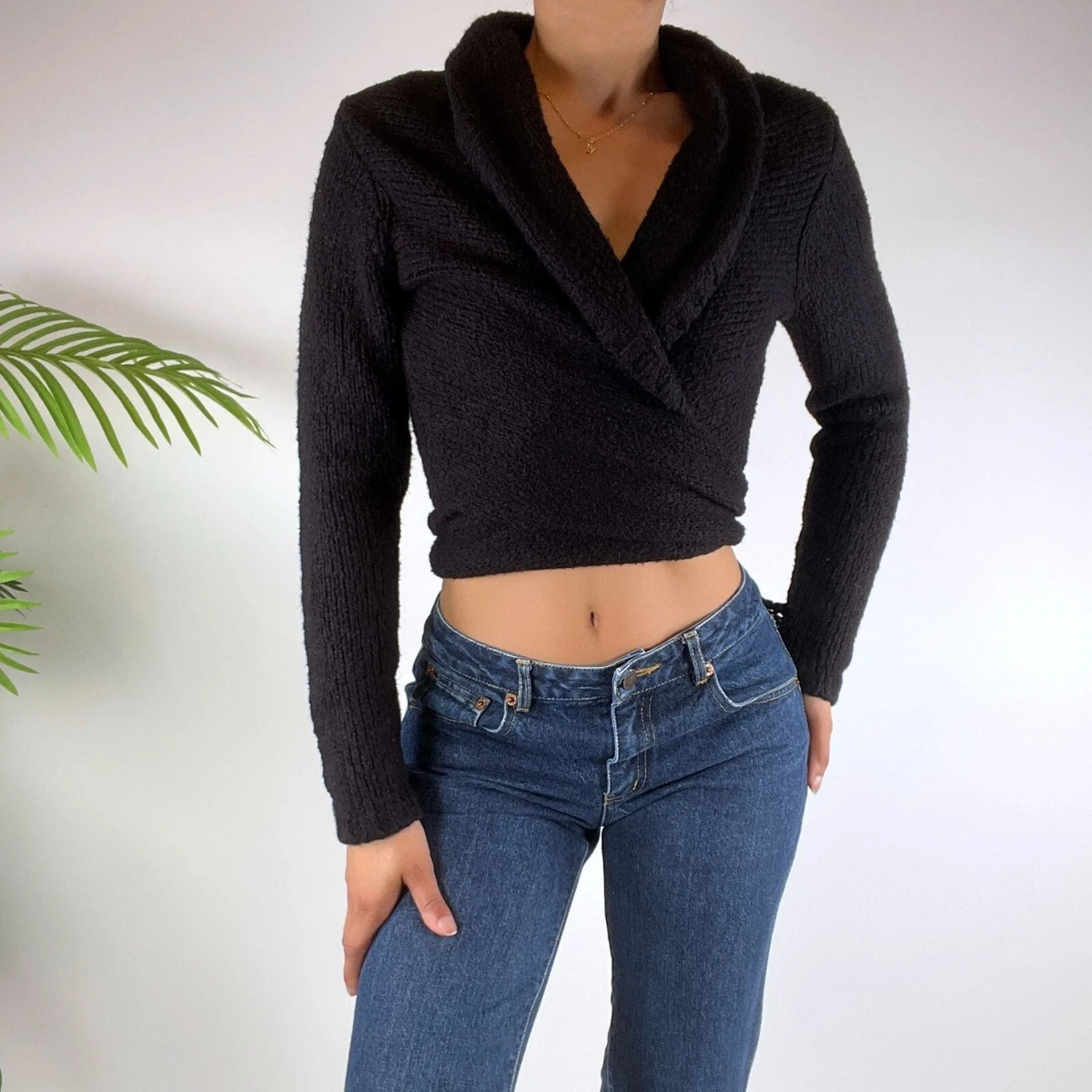 Vintage Y2K Black Indie Grunge Cropped Wrap Knit Sweater Top
