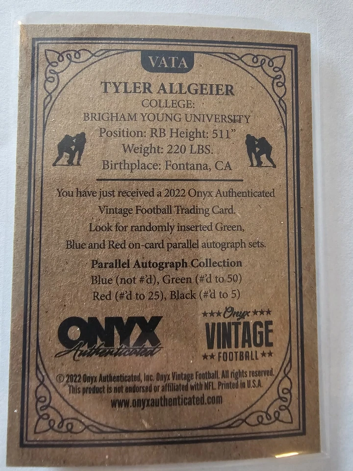 2022 Onyx Vintage - Blue Signatures #VATA Tyler Allgeier (AU, RC) - Image 2 of 2