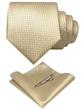 Men's Woven Solid Necktie and Pocket Square Set with Matching Tie Bar Clip