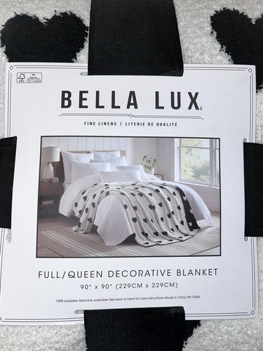 1-NWT BELLA LUX BLACK/WHITE HEARTS KNIT FULL/QUEEN SIZE BLANKET - 第 4/13 張圖片