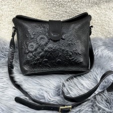 Vintage Tooled Black Leather Floral Crossbody Bag