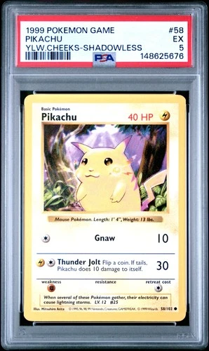 1999 POKEMON BASE SET SHADOWLESS YELLOW CHEEKS-#58 PIKACHU PSA 5