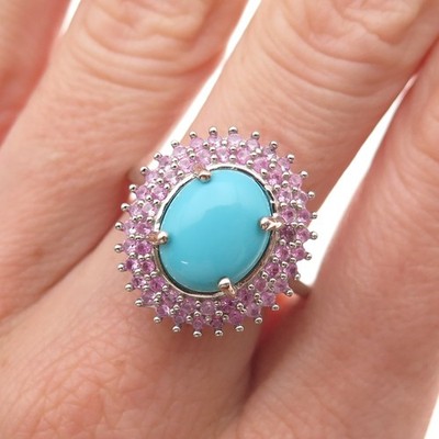 D'Joy 925 Sterling echter Dornröschen Türkis & rosa Saphir Ringgröße 8