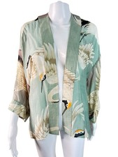 One Hundred Stars Short Kimono Blue Stork Floral Oriental Sheer Boho One Size