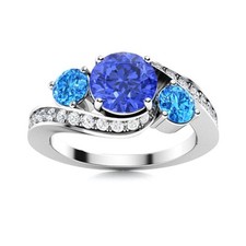 925 Sterling Silver 5MM Round Tanzanite  Swiss Blue Topaz Three Stone Ring
