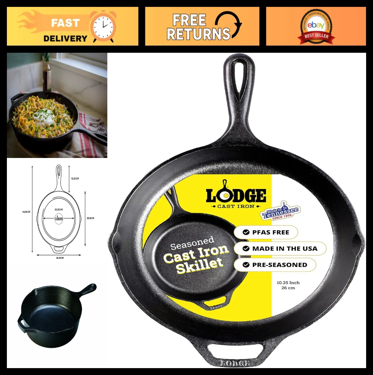 Seasoned Cast Iron Skillet 10.25" - Non-Toxic, PFAS-Free, Oven & Grill Safe, Nat