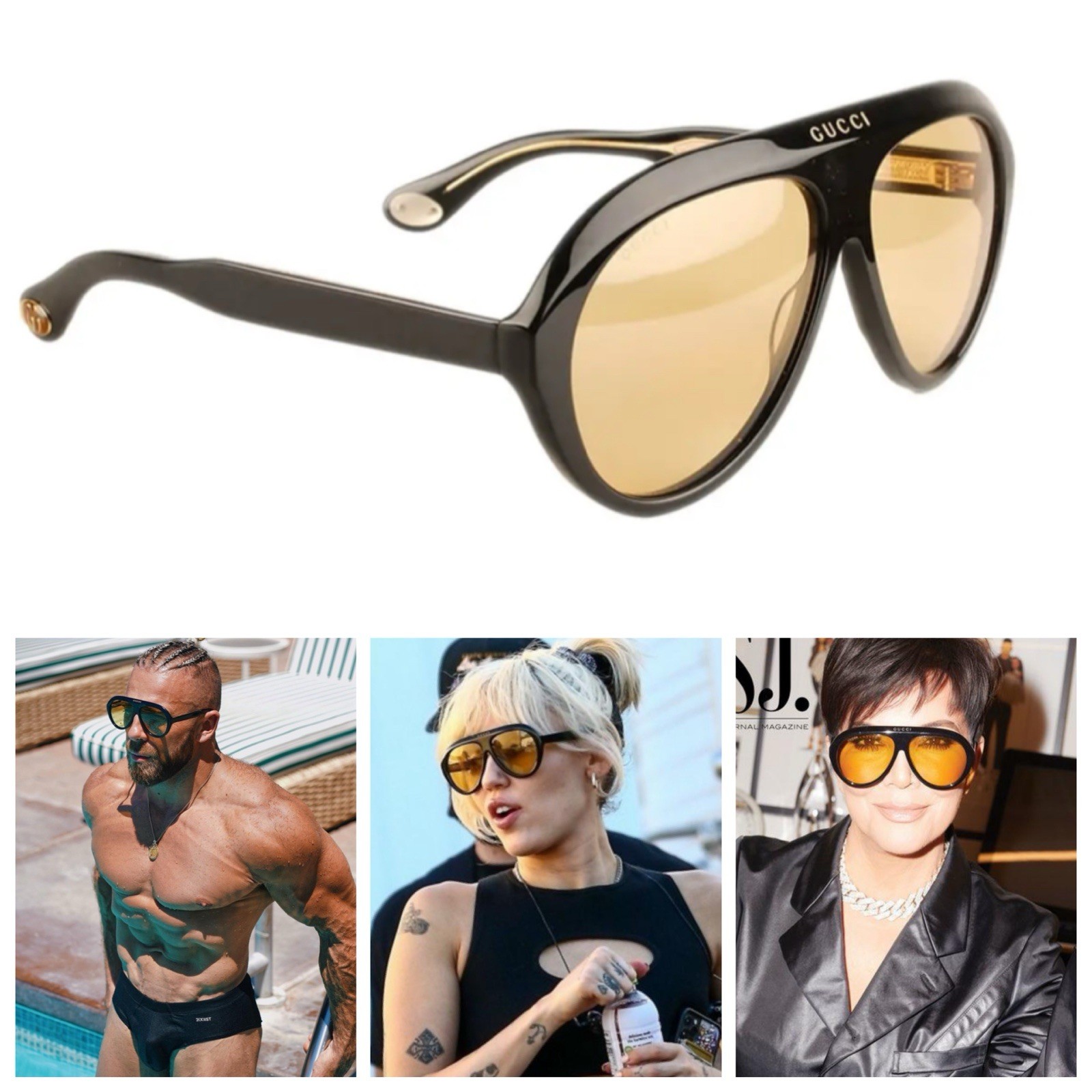 Gucci GG0479S Unisex Aviator Acetate Sunglasses Black Yellow Men And Women