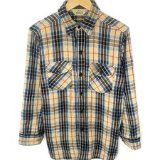 Vintage 70  s Woolrich Cream  Blue Plaid Wool Button Down Flannel Shirt Jacket M