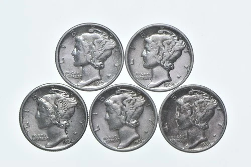 High Grade Lot 1937 1935 1934 1938 1936 Mercury Dime Collection *586