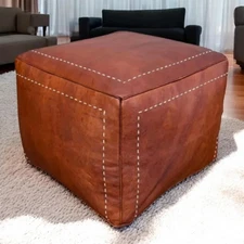 Handmade 20'' Brown Leather Unstuffed Ottoman Footstool Pouffe Moroccan Footrest