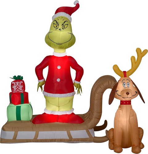 6 Foot Pre-Lit The Grinch and Max on Sled Christmas Holiday Scene Inflatable - 第 1/2 張圖片