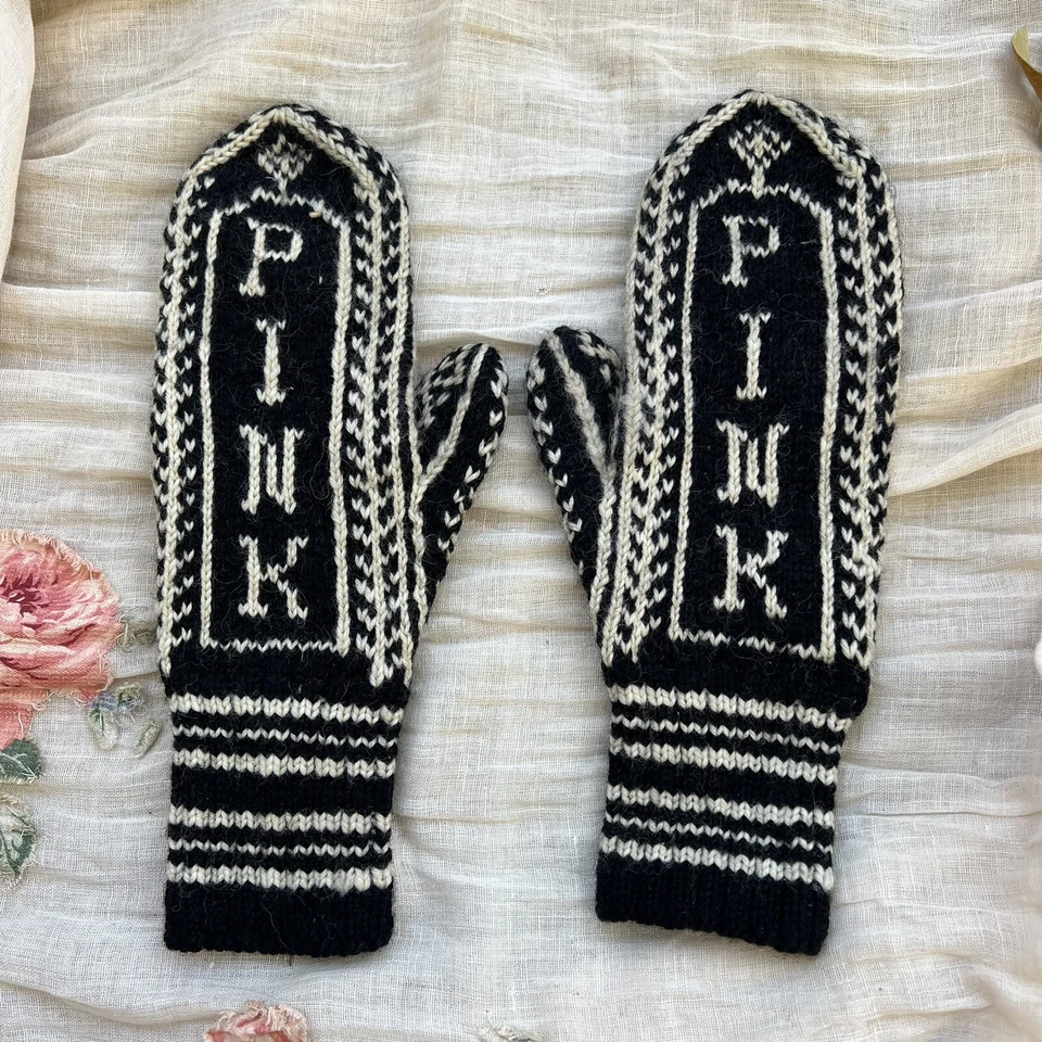 Antique 1900s Mittens Wool Hand Knit Black & White “Pink” Folk Vintage - Image 2 of 4