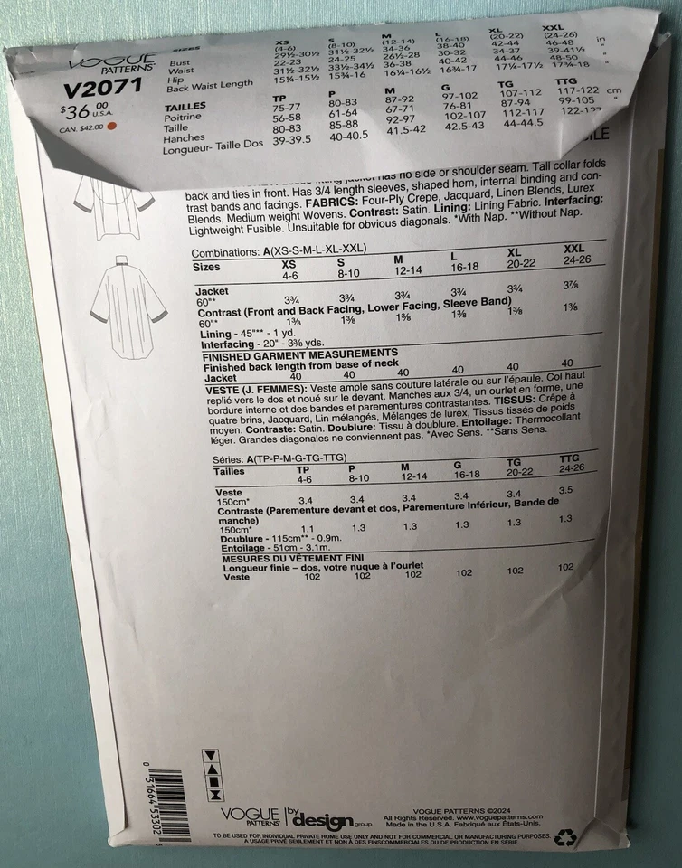 Vogue Patterns 2071 Misses Loose Fitting Jacket By Julio Cesar NYC  Sizes Xs-XXL - Image 2 of 2