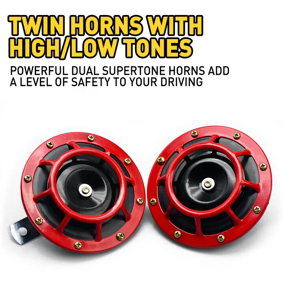 2 peças 12V 115dB Hella super alto compacto elétrico tom de explosão carro kit buzina de ar vermelho - Imagem 3 de 4