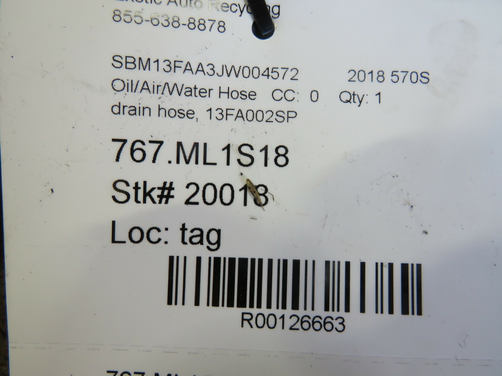 Mclaren 570s, Drain Hose, Used, P/N 13FA002SP