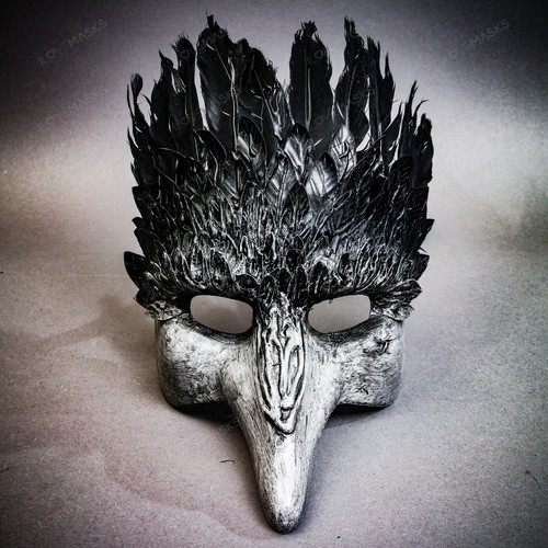 Grey Black Feather Masquerade Mask Short Nose Bird Costume for Halloween Party - Picture 2 of 4