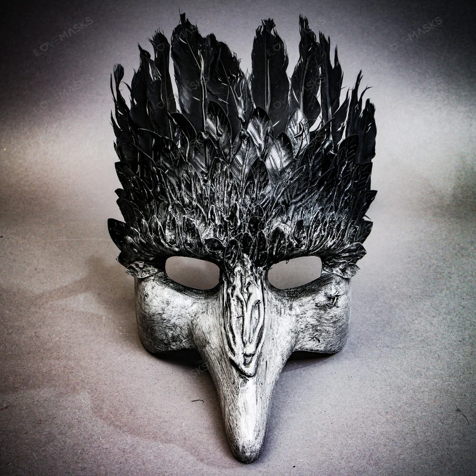 Grey Black Feather Masquerade Mask Short Nose Bird Costume for Halloween Party - Image 2 of 4