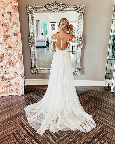 Bohemian Ivory Spitze Tüll Brautkleid Transparent Langarm Perlen Knöpfe 32-50 - Bild 5 von 7