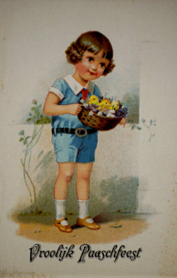 Postcard Illustrated Young Boy Child Picks Daisy Easter Vroolijk Paaschfeest RFF
