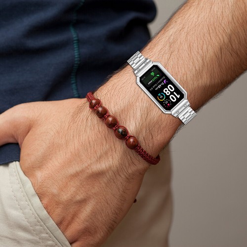 Watch Square Frame + Triple Bead Steel Strap Watch Strap for HUAWEI Band 10/9/8 - Picture 6 of 17