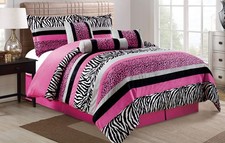 5 Piece Oversize HOT Pink Black White Zebra Leopard Micro Fur Comforter Set T...