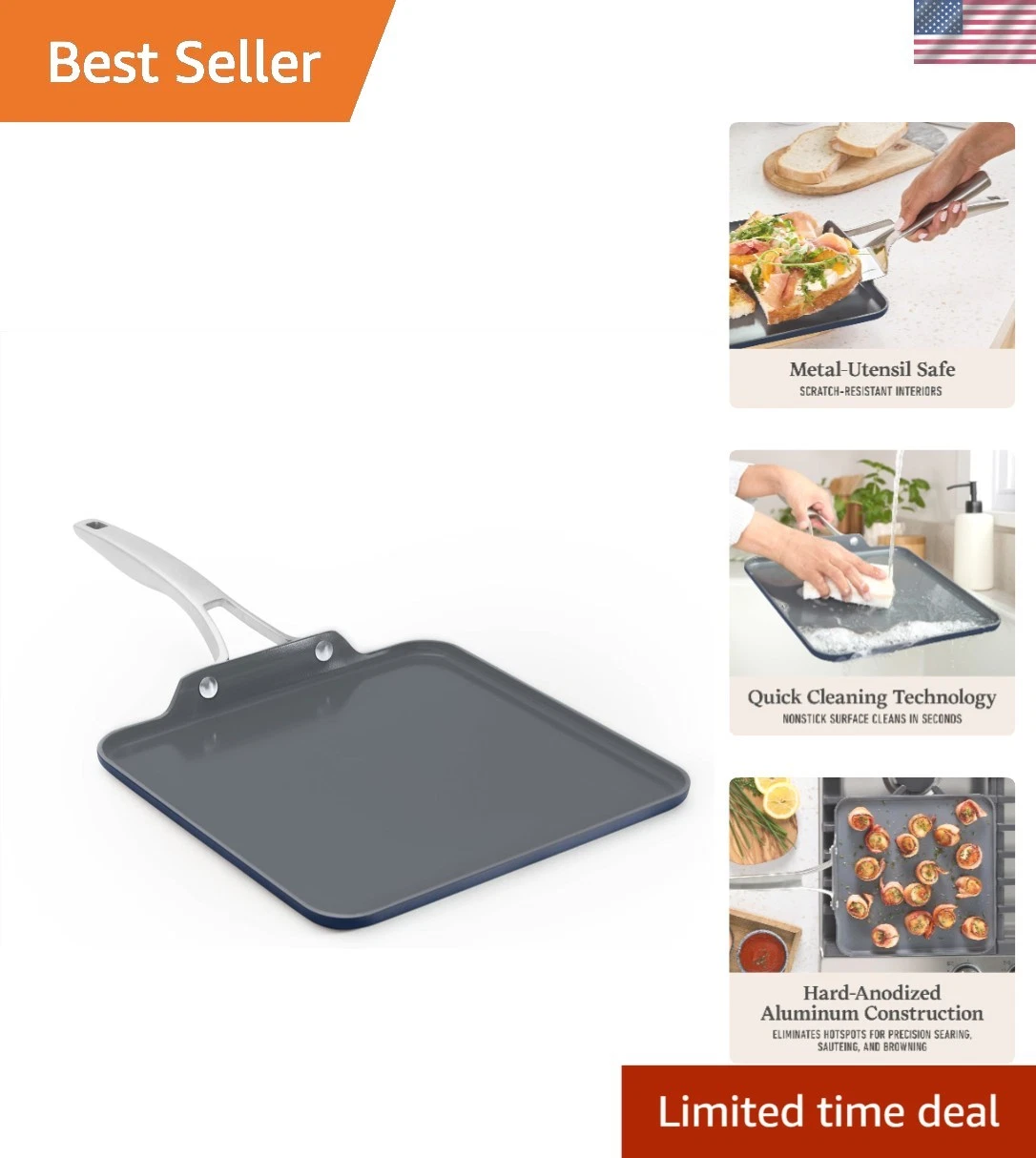 Ceramic Nonstick Square Griddle 11 Inch Non Toxic PFOA Free Cookware