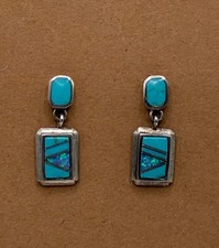 Signed Sterling 925 Turquoise & Blue Opal Inlay Pierced Post Drop Earrings