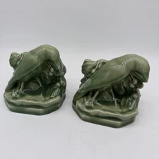 Vintage Rookwood Pottery Raven Bookends Pair Green