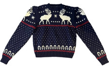 Vintage Hand Knit Fair Isle Moose Sweater Womens Navy Wool Nordic Crewneck
