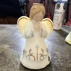 Fenton Hand Painted Glass Angel Figurine White Gold Blue Floral Matte