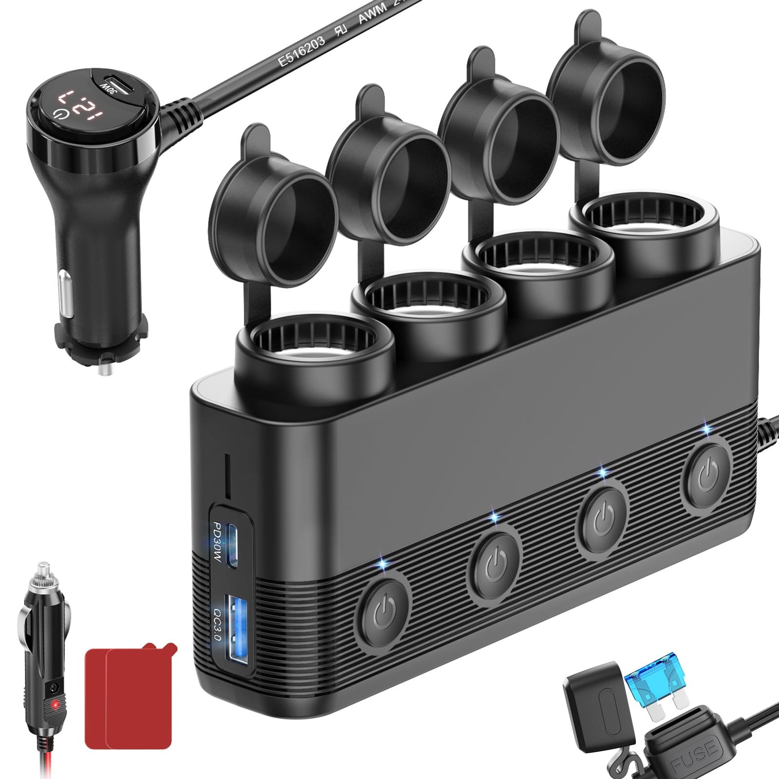 Splitter Car Charger 300w 4 Socket Car Plug In Outlet 12v A.