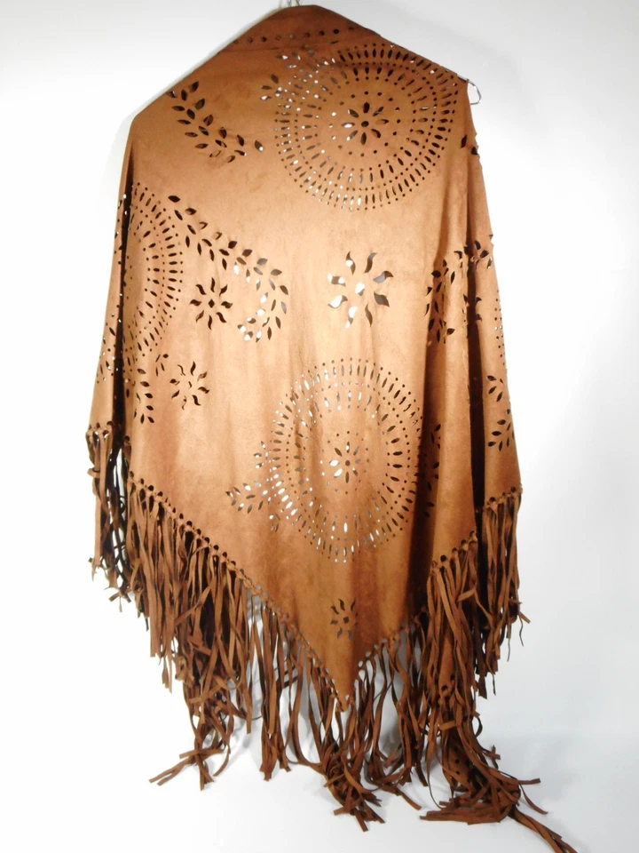 Brown Suede Fringe Shawl Poncho – Cut‑Out Floral Design, Boho Western Festival W - Image 2 of 2