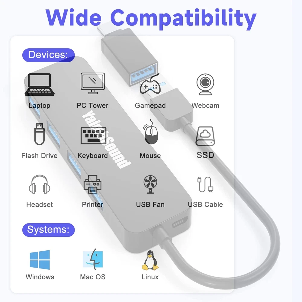 4-Port USB 3.0 Hub with USB-C and USB-A Ports for Fast Data Transfer