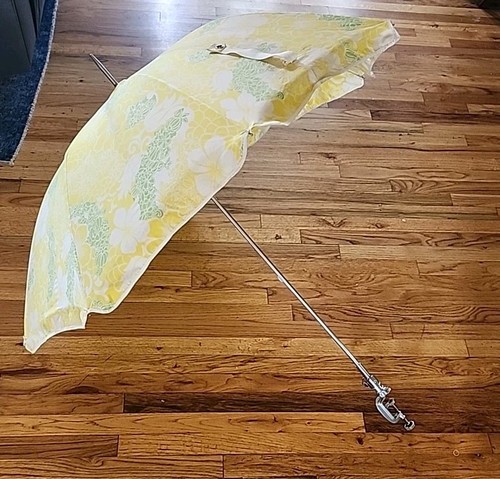 Vintage Adjustable Umbrella With C Clamp Chair Attachment  70's Yellow Green...