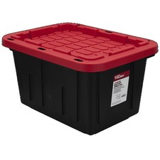 12 Gallon Small Storage Bin with Snap Lid, Black and Red, Heavy Duty Plastic